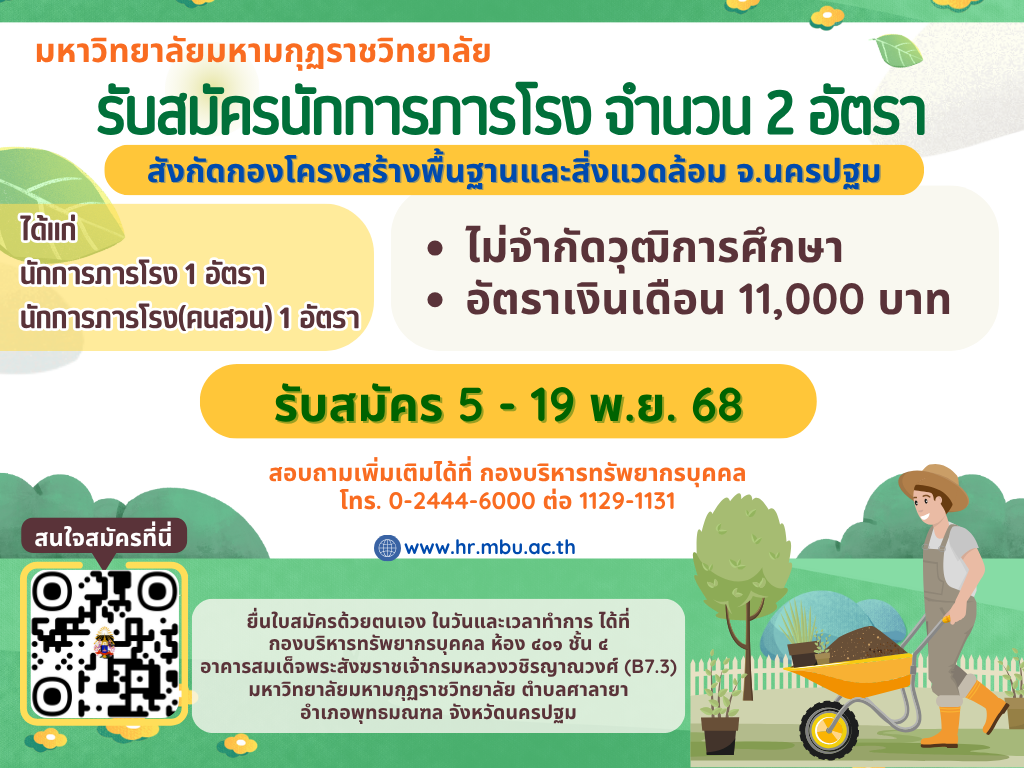 ประกาศมหาวิทยาลัยมหามกุฏราชวิทยาลัย เรื่อง รับสมัครสอบคัดเลือกลูกจ้างชั่วคราว ตำแหน่งประเภทสนับสนุนปฏิบัติงานวิชาชีพ สังกัด กองโครงสร้างพื้นฐานและสิ่งแวดล้อม จังหวัดนครปฐม ประจำปีงบประมาณ พ.ศ. ๒๕๖๙ (ครั้งที่ ๑/๒๕๖๙)