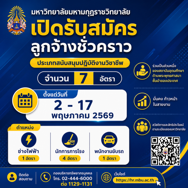 ประกาศมหาวิทยาลัยมหามกุฏราชวิทยาลัย เรื่อง รับสมัครคัดเลือกลูกจ้างชั่วคราว ประจำปีงบประมาณ พ.ศ. ๒๕๖๙ ตำแหน่งประเภทสนับสนุนปฏิบัติงานวิชาชีพ (ครั้งที่ ๑/๒๕๖๙)